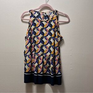 Ecru Stylish Multicolor Silk Sleeveless Peplum Top, Sz Med, Geometric Design
